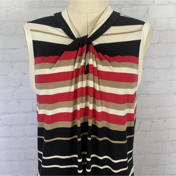 ⭐ 3/$15 Tommy Hilfiger Medium White Black Pink Tan Stripe Ruched Blouse Tank Top - Picture 2 of 9